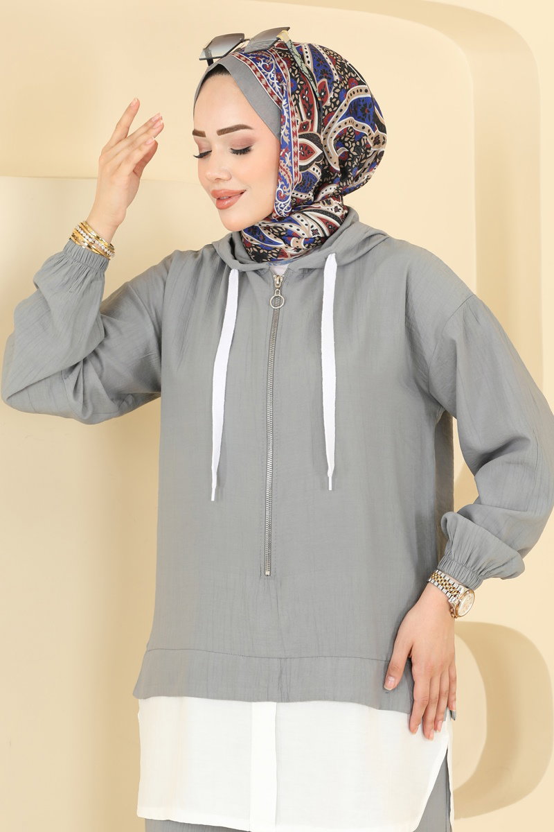 Woven Two-Piece Set with Zip Detail - Grey