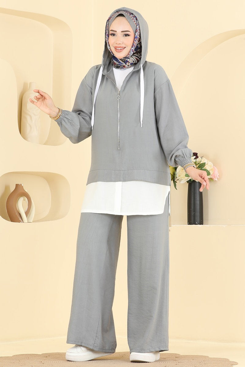 Woven Two-Piece Set with Zip Detail - Grey