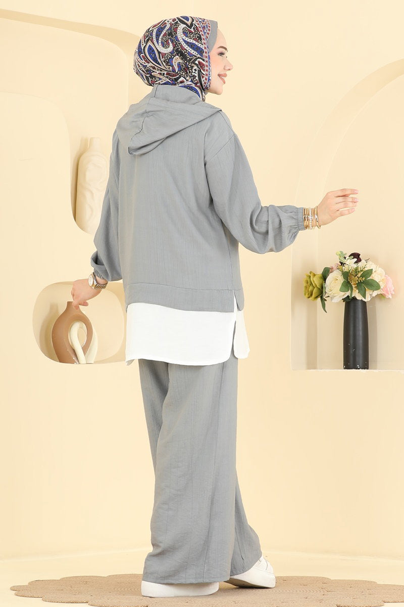 Woven Two-Piece Set with Zip Detail - Grey