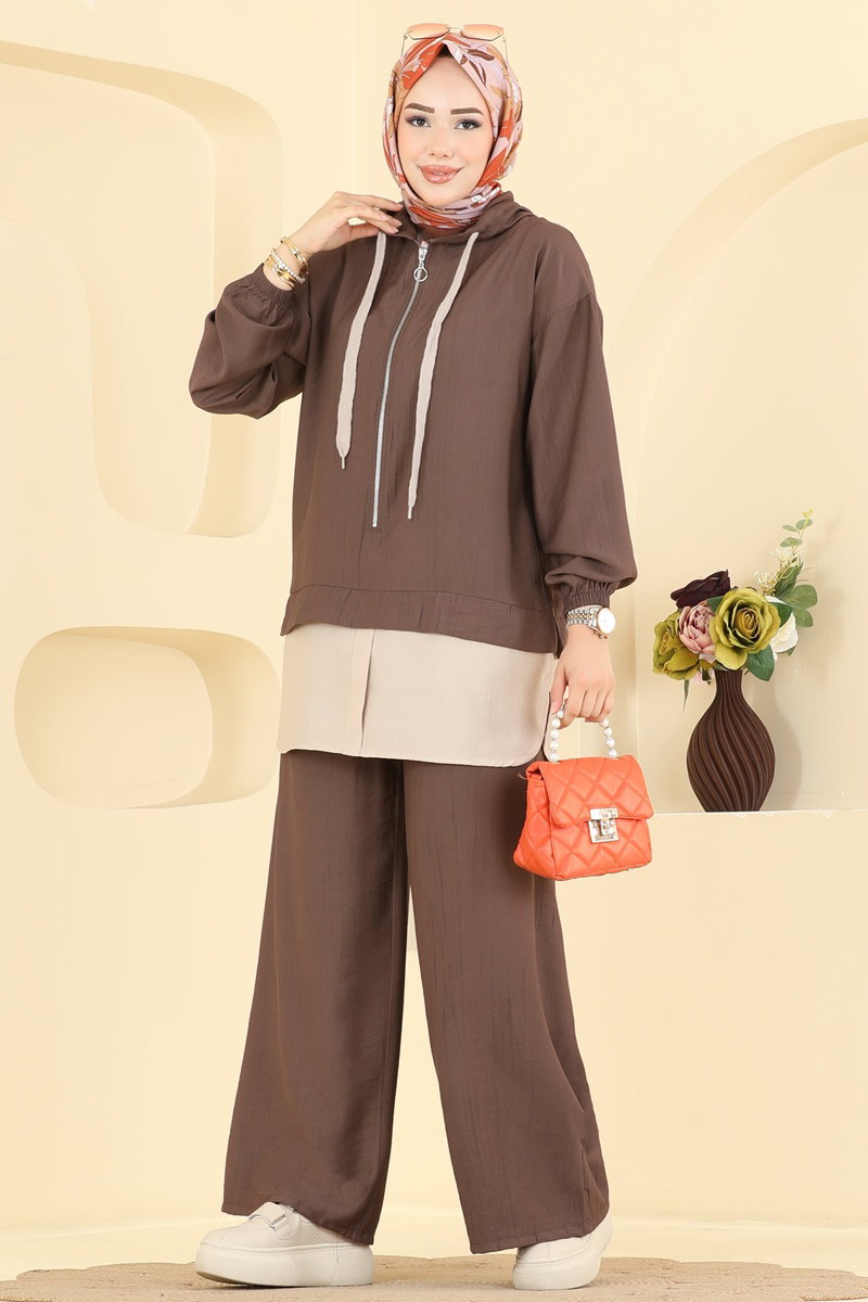 Woven Two-Piece Set with Zip Detail - Brown