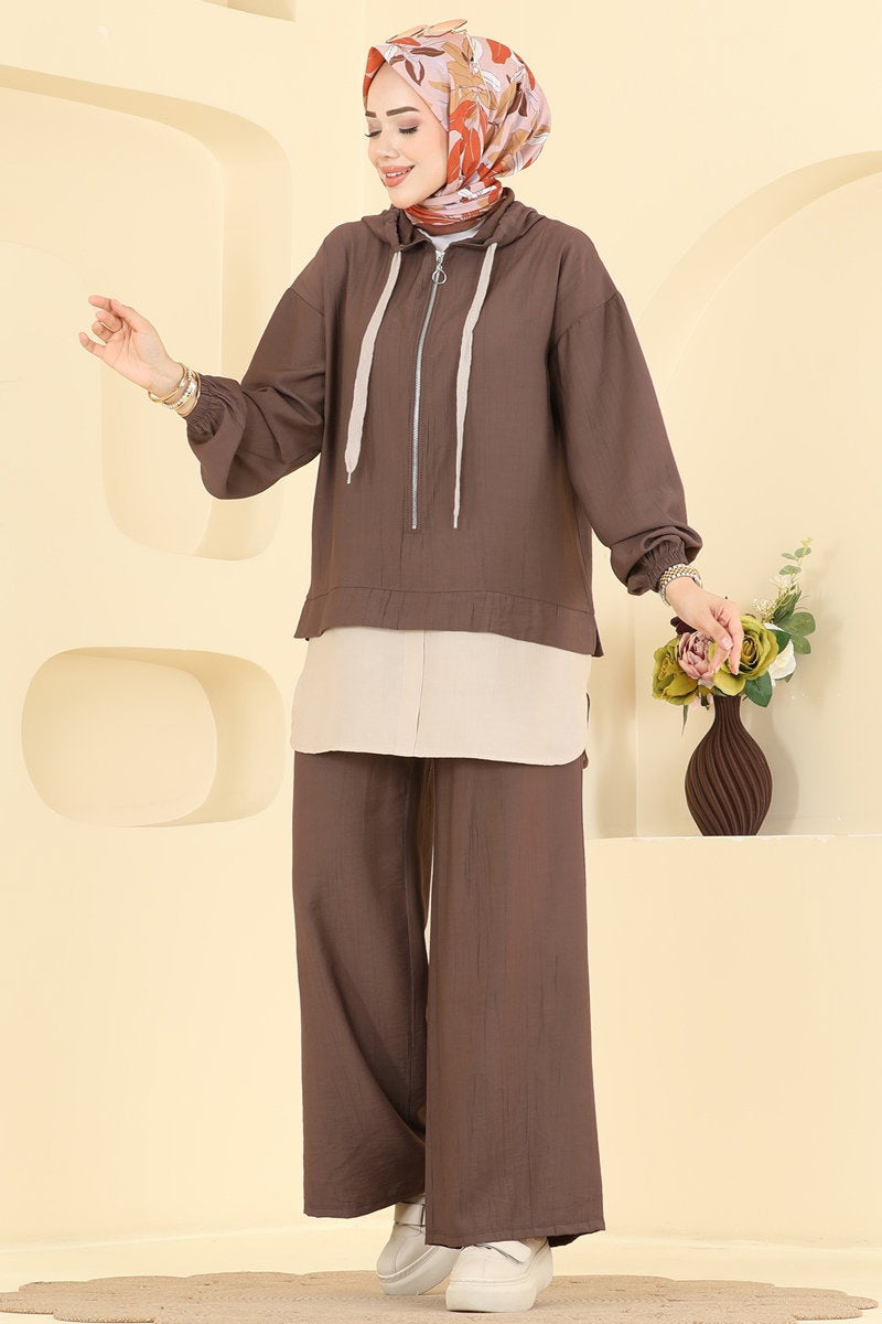 Woven Two-Piece Set with Zip Detail - Brown