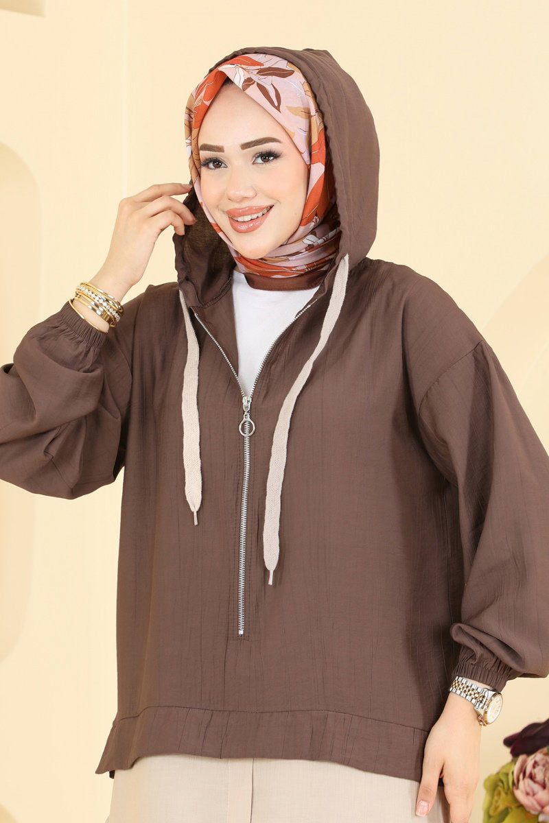 Woven Two-Piece Set with Zip Detail - Brown