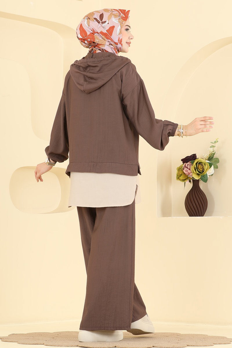 Woven Two-Piece Set with Zip Detail - Brown