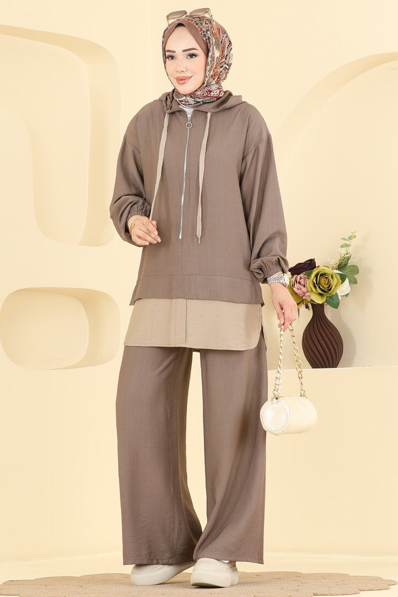 Woven Two-Piece Set with Zip Detail - Dark Mink