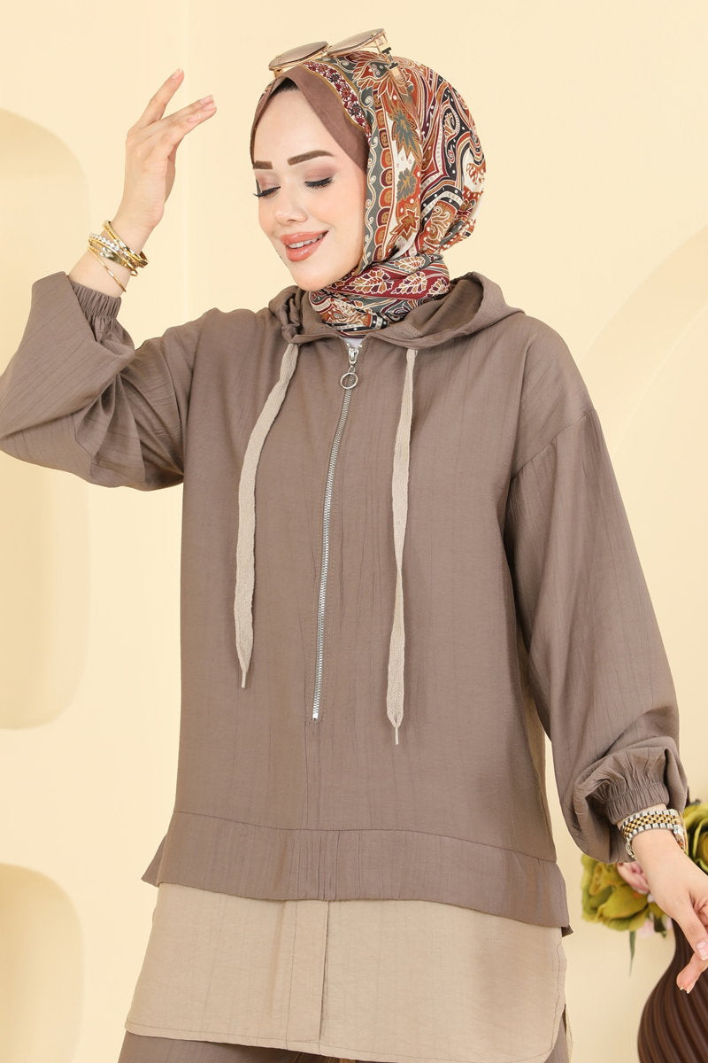 Woven Two-Piece Set with Zip Detail - Dark Mink