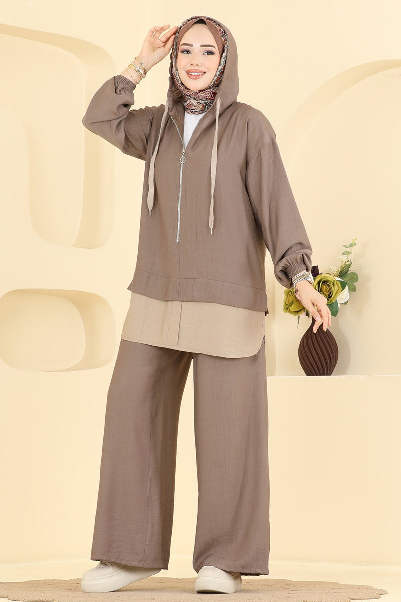 Woven Two-Piece Set with Zip Detail - Dark Mink