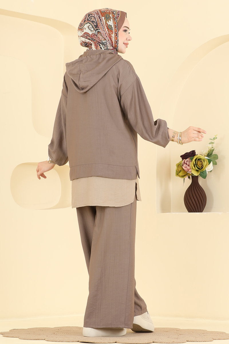 Woven Two-Piece Set with Zip Detail - Dark Mink