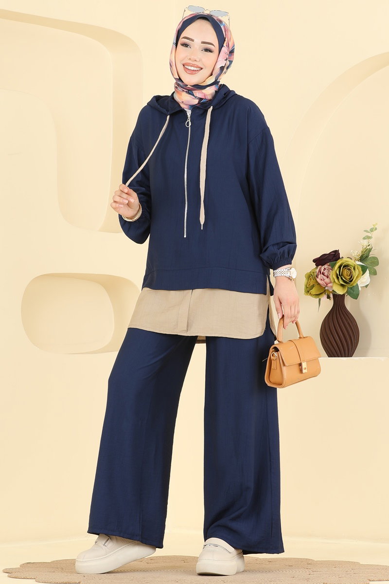 Woven Two-Piece Set with Zip Detail - Navy