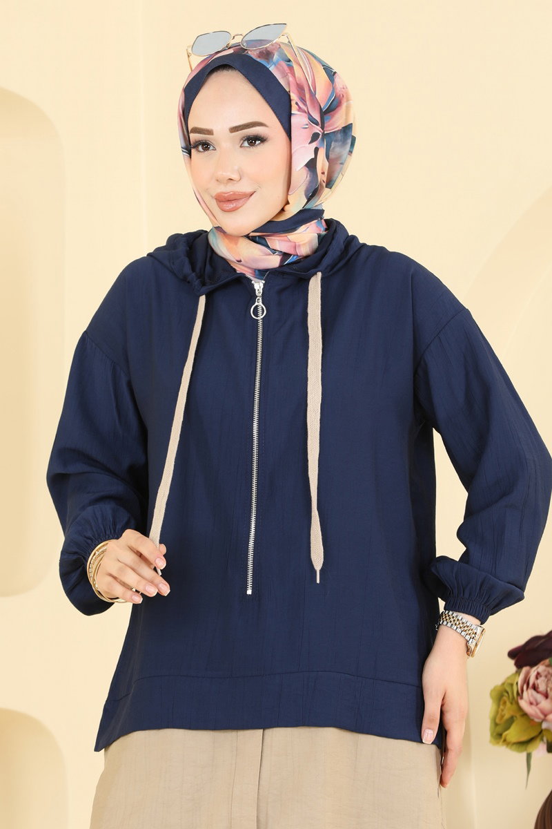 Woven Two-Piece Set with Zip Detail - Navy
