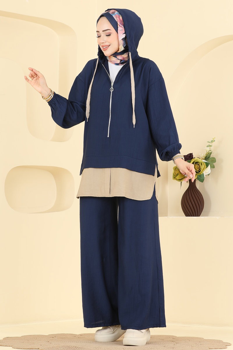 Woven Two-Piece Set with Zip Detail - Navy