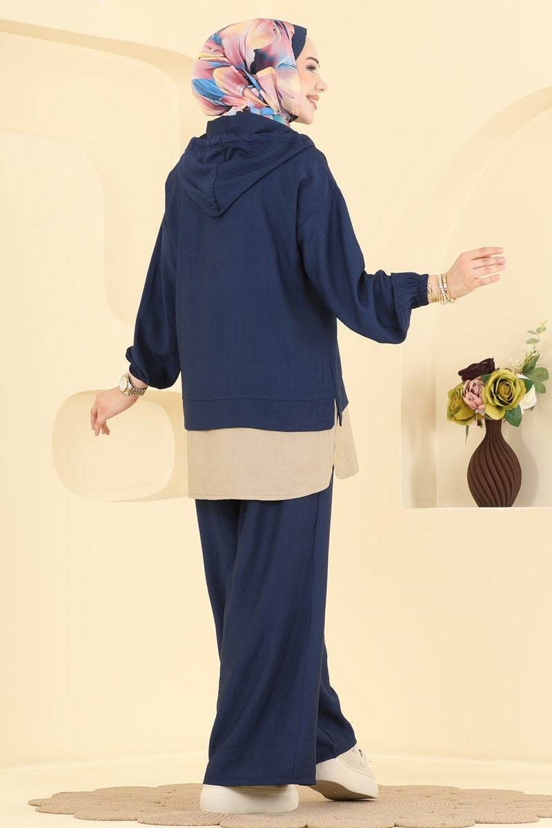 Woven Two-Piece Set with Zip Detail - Navy