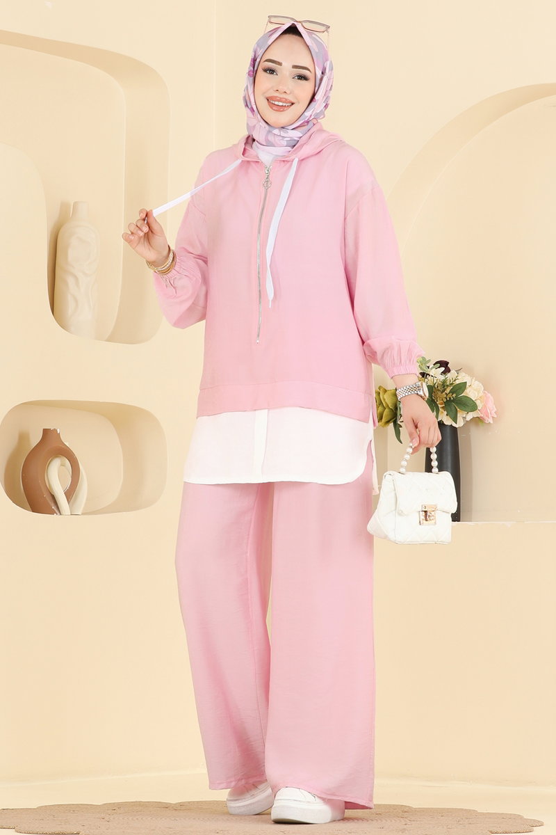 Woven Two-Piece Set with Zip Detail - Pink