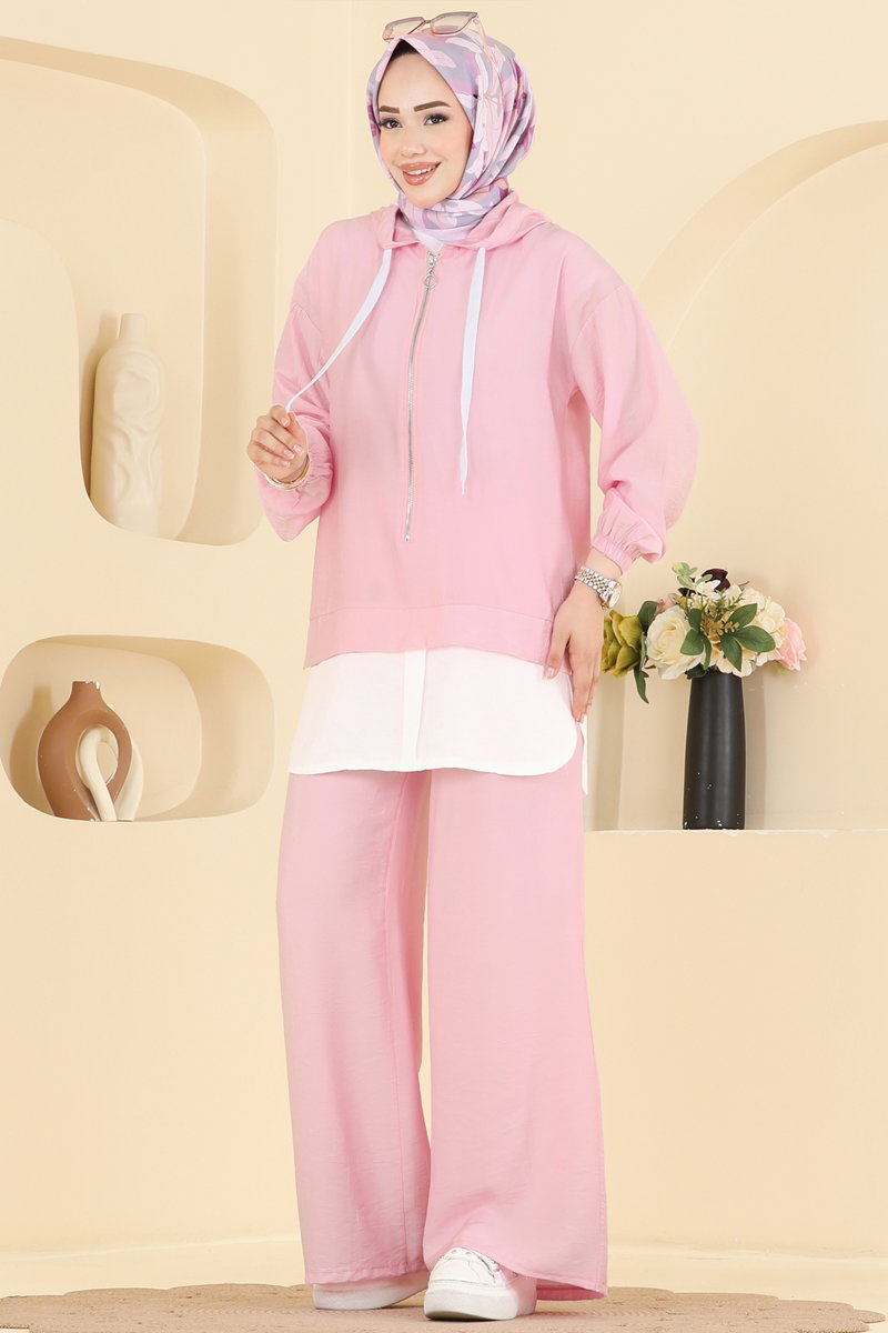 Woven Two-Piece Set with Zip Detail - Pink