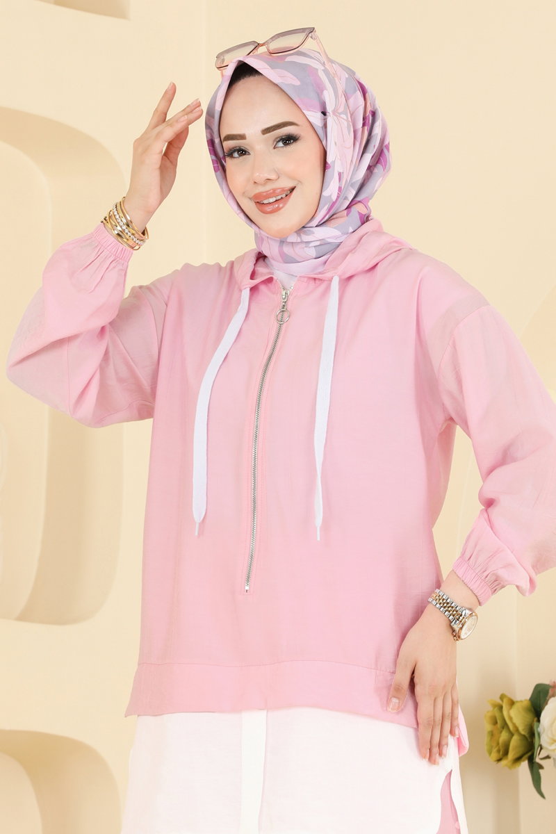 Woven Two-Piece Set with Zip Detail - Pink