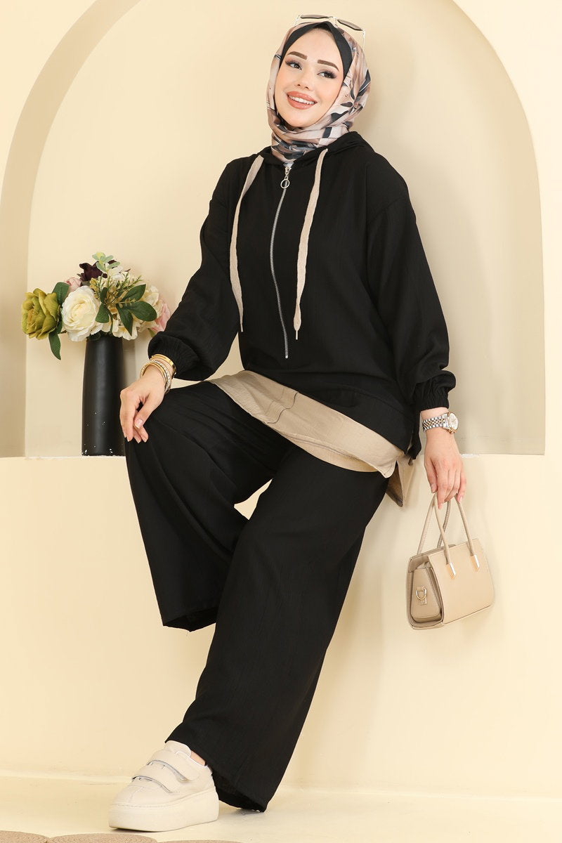 Woven Two-Piece Set with Zip Detail - Black
