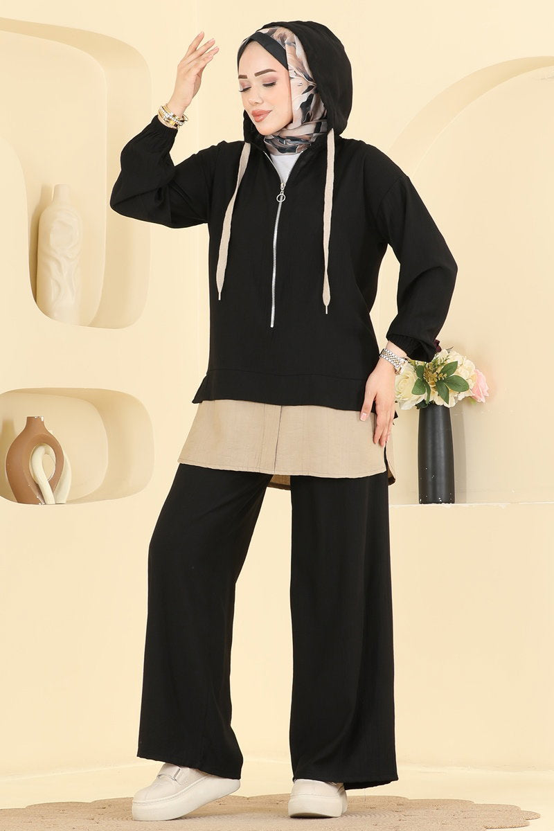 Woven Two-Piece Set with Zip Detail - Black