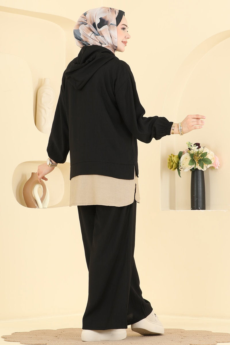 Woven Two-Piece Set with Zip Detail - Black