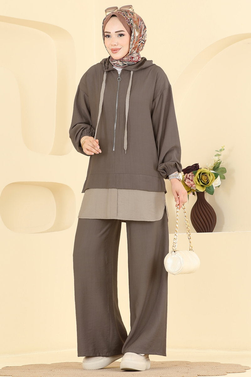 Woven Two-Piece Set with Zip Detail - Mink