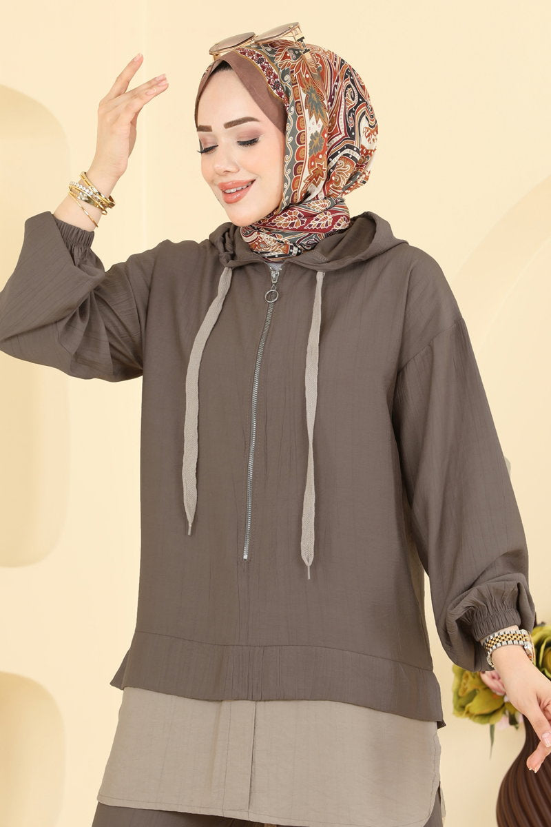 Woven Two-Piece Set with Zip Detail - Mink