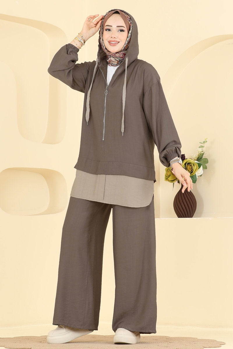 Woven Two-Piece Set with Zip Detail - Mink