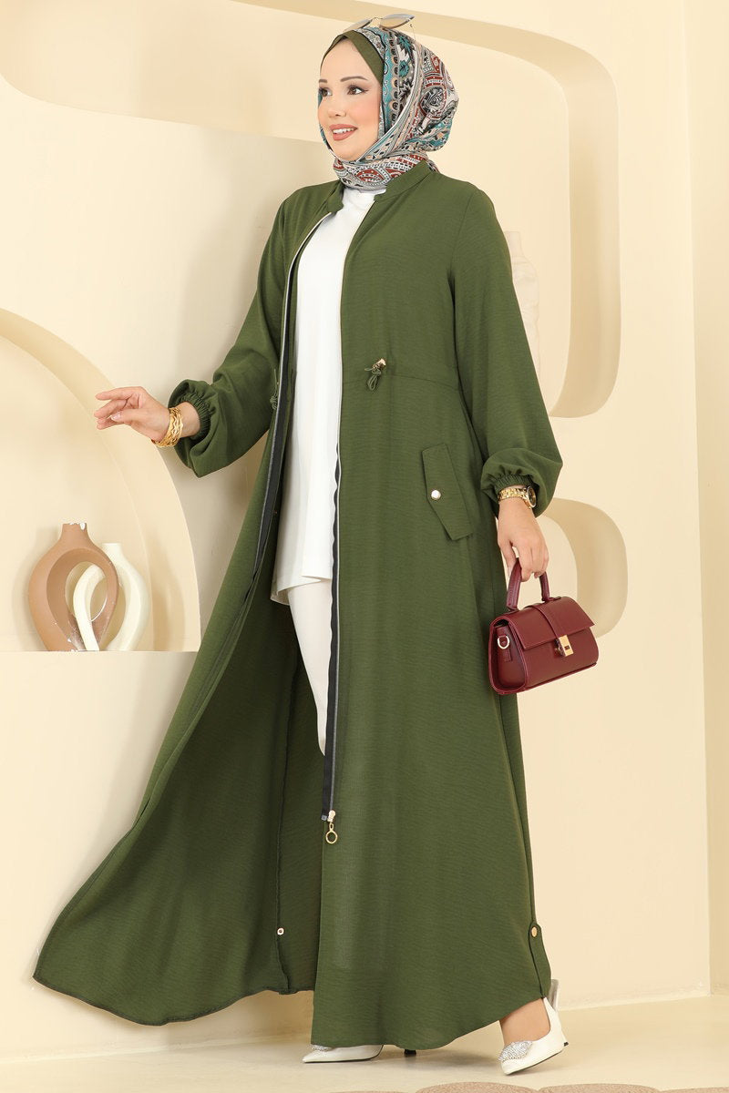 Gathered Abaya Coat with Zip Detail - Khaki