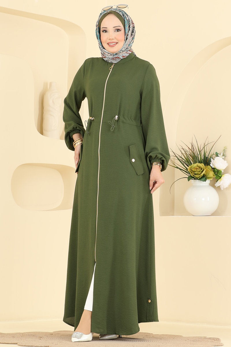 Gathered Abaya Coat with Zip Detail - Khaki