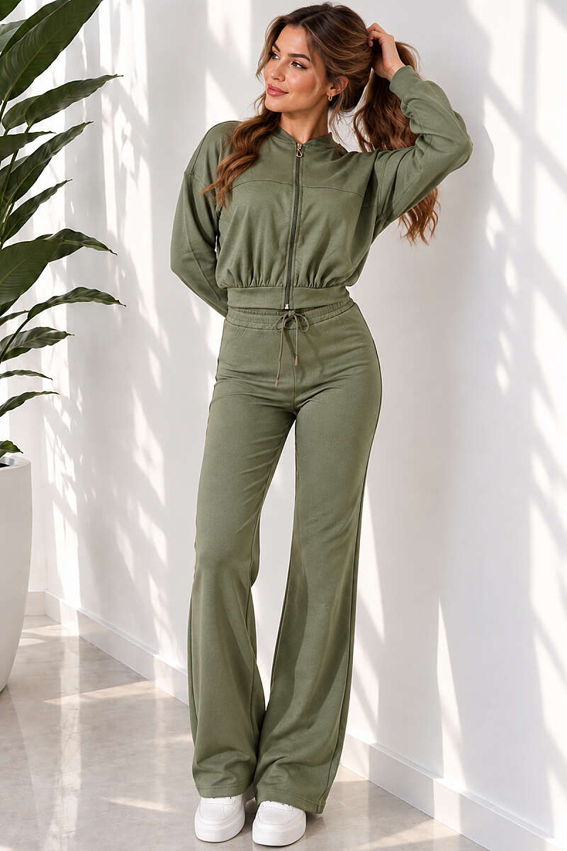 Zip-Detail Two-Piece Set - Khaki