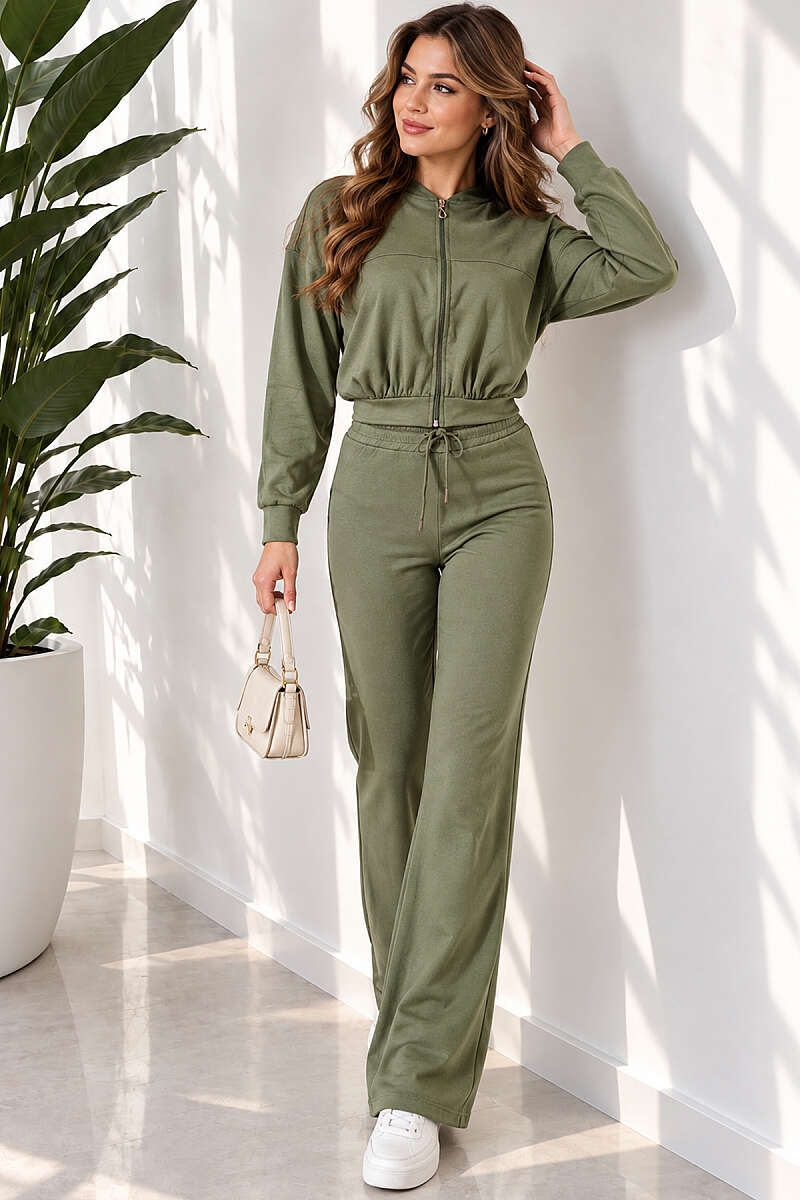 Zip-Detail Two-Piece Set - Khaki