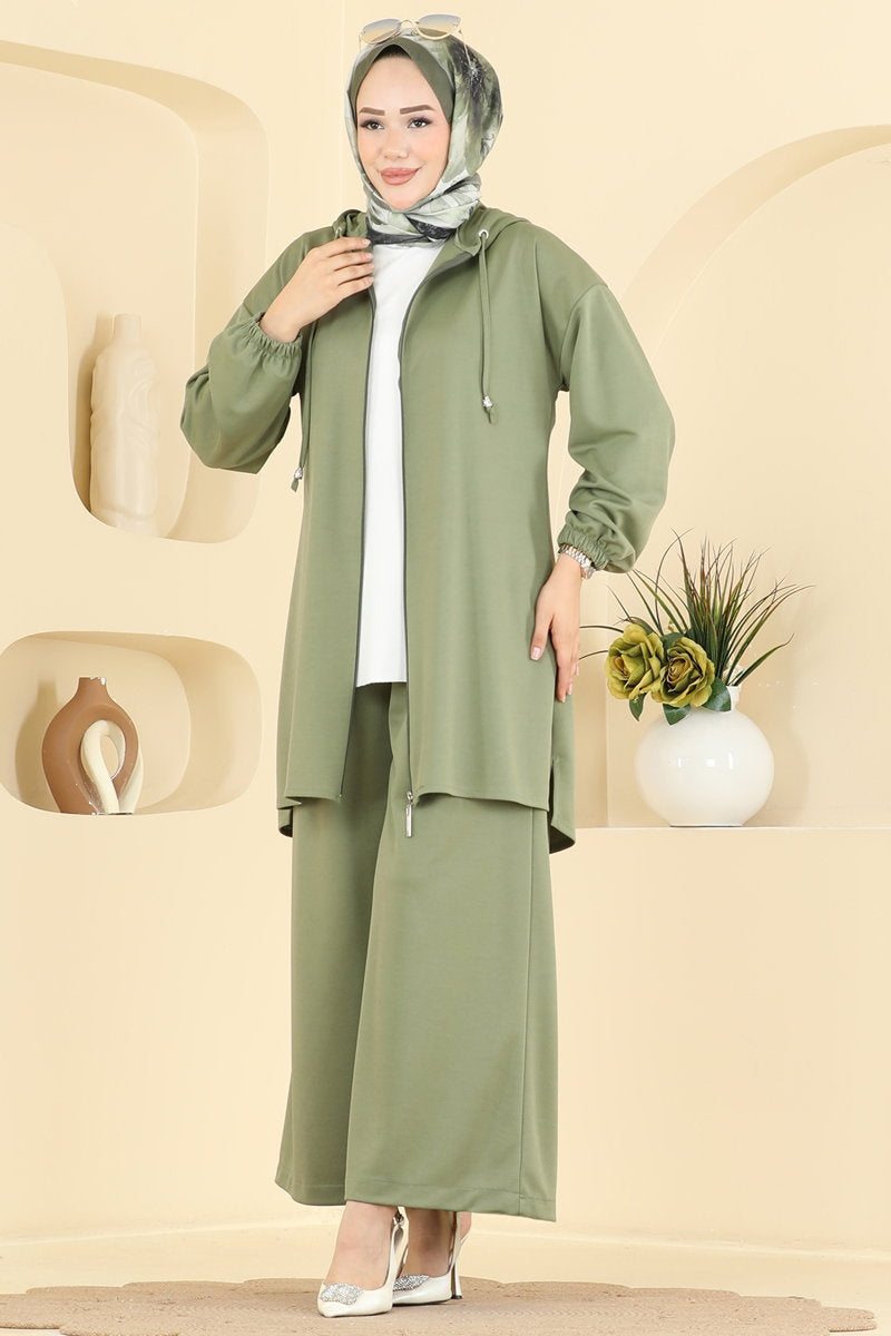 Hooded Crepe Knit Two-Piece Set with Zip - Almond Green