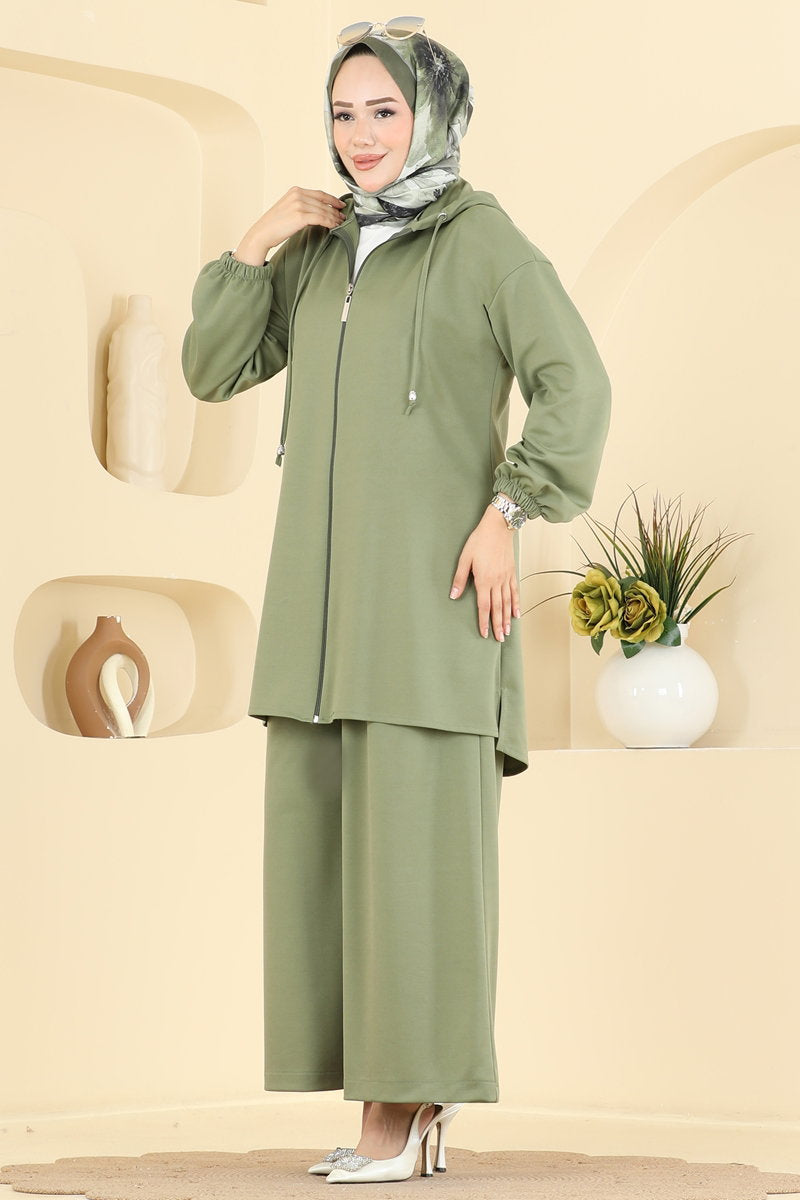 Hooded Crepe Knit Two-Piece Set with Zip - Almond Green