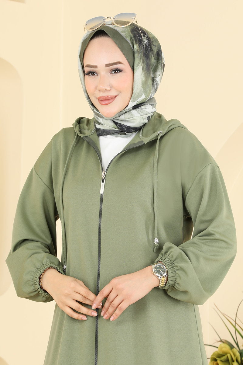 Hooded Crepe Knit Two-Piece Set with Zip - Almond Green