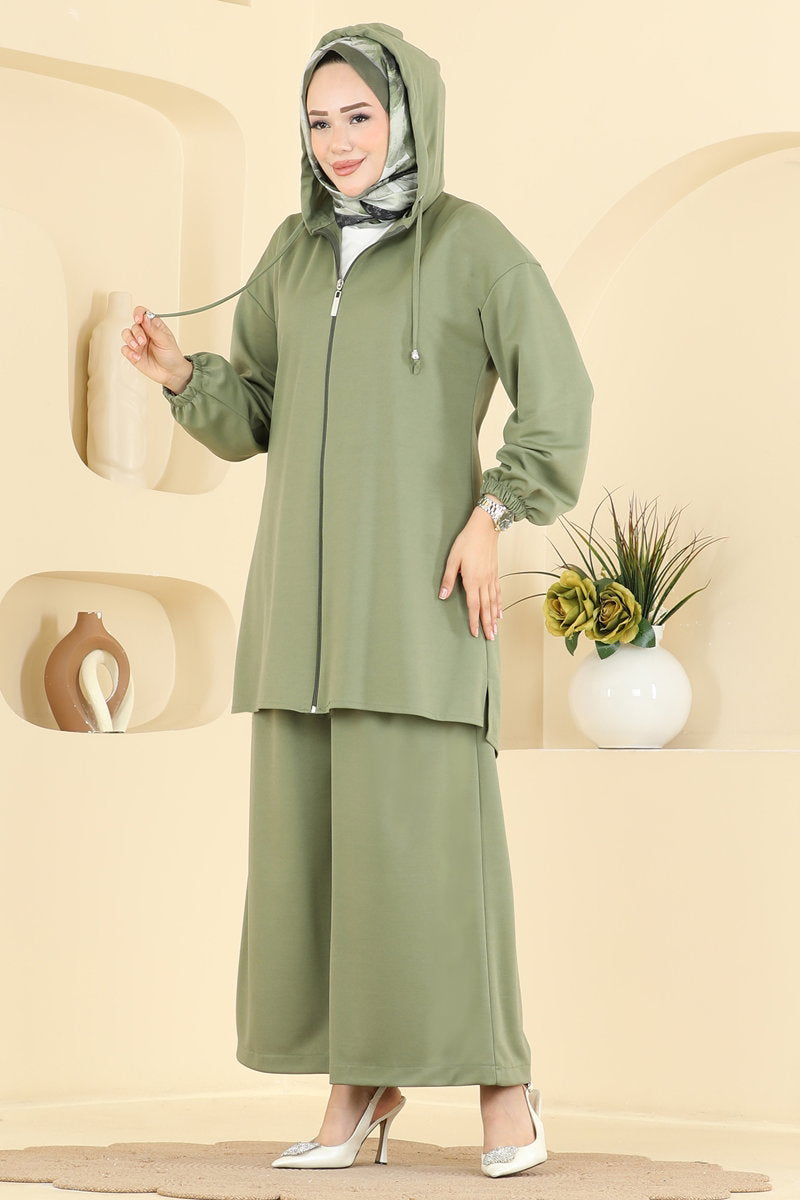 Hooded Crepe Knit Two-Piece Set with Zip - Almond Green