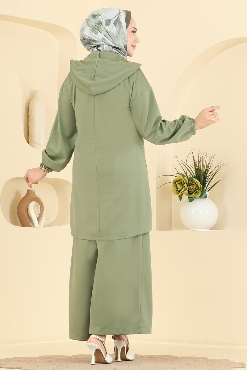 Hooded Crepe Knit Two-Piece Set with Zip - Almond Green