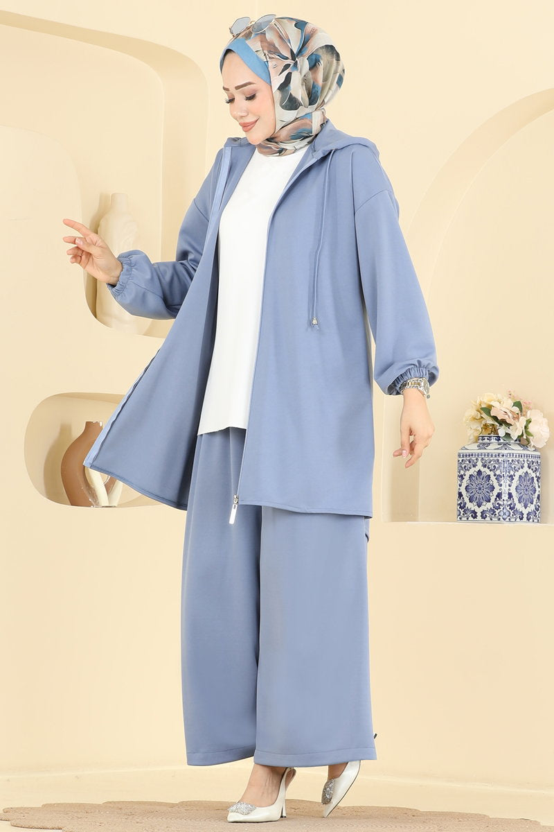 Hooded Crepe Knit Two-Piece Set with Zip - Blue