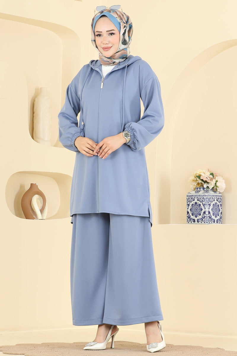 Hooded Crepe Knit Two-Piece Set with Zip - Blue