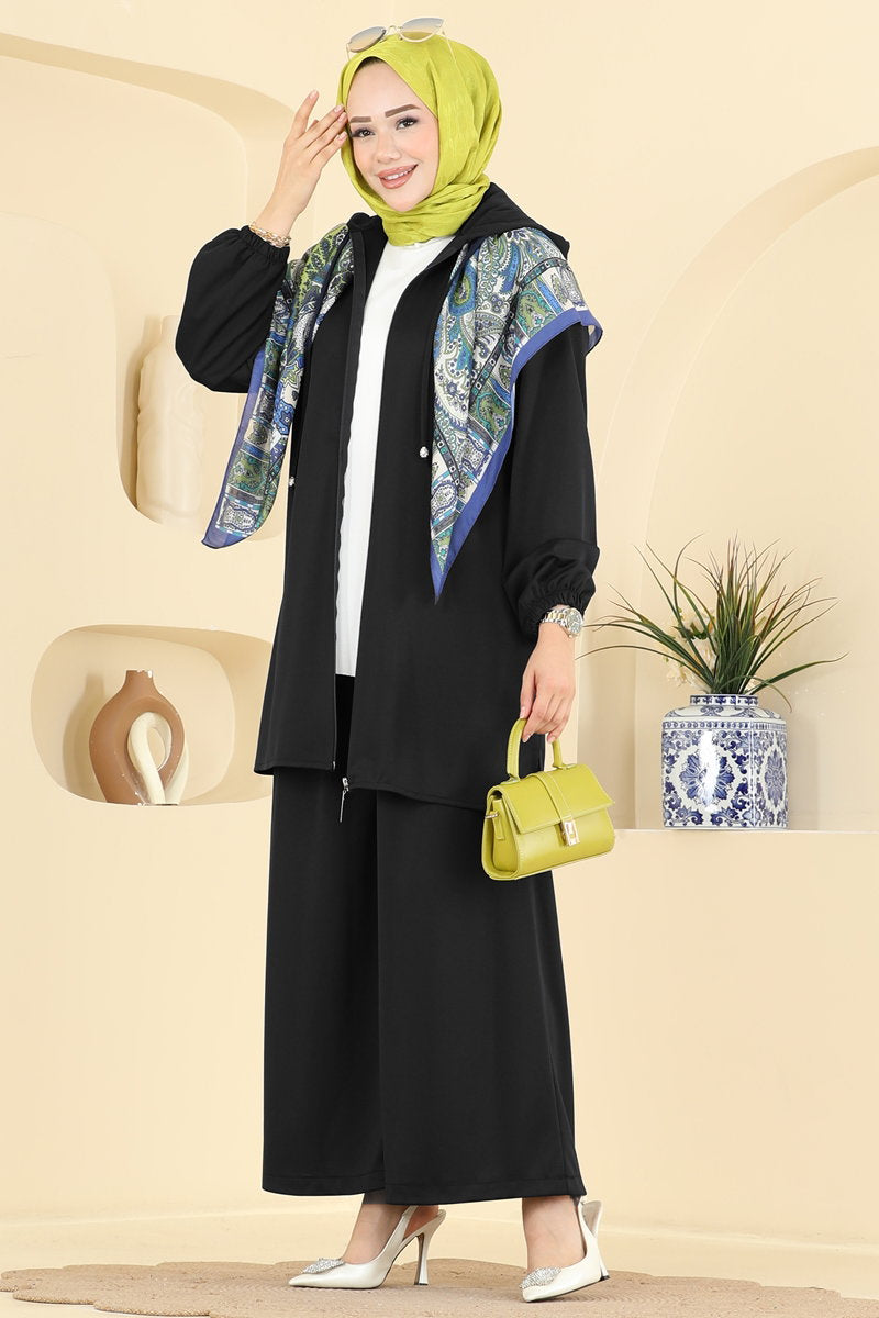 Hooded Crepe Knit Two-Piece Set with Zip - Black