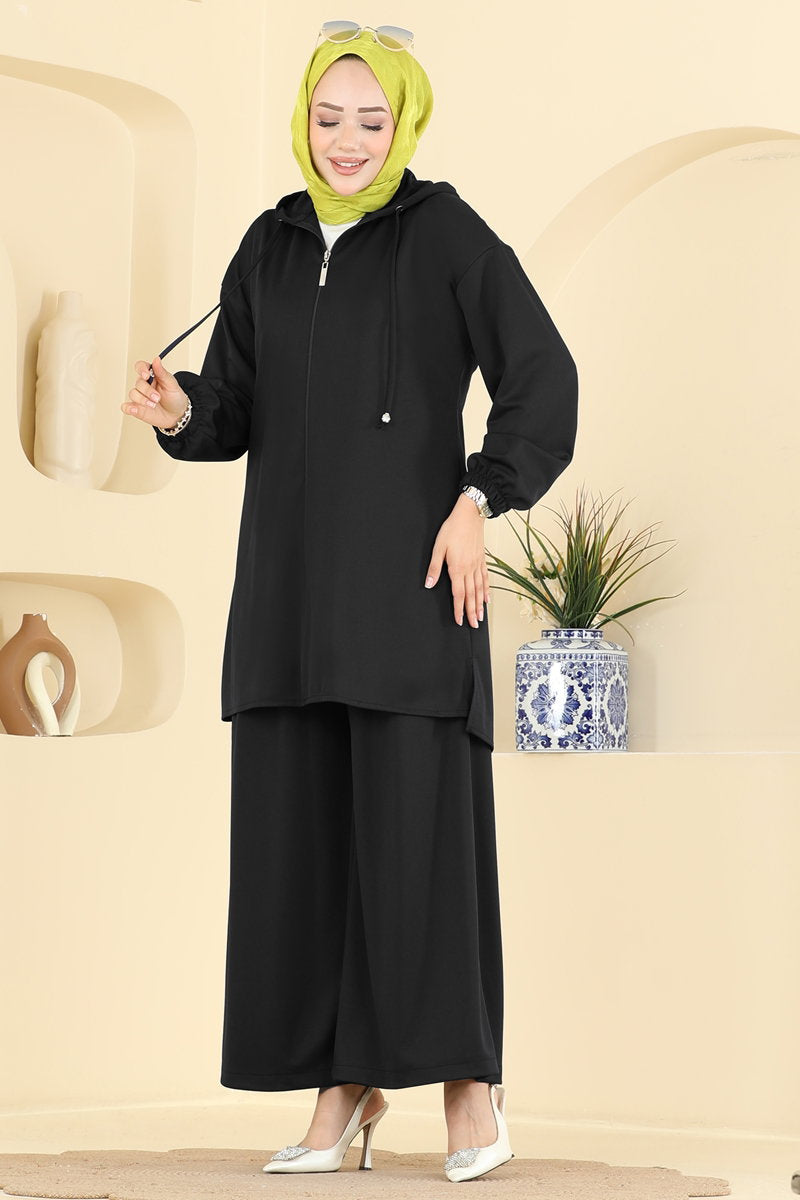 Hooded Crepe Knit Two-Piece Set with Zip - Black