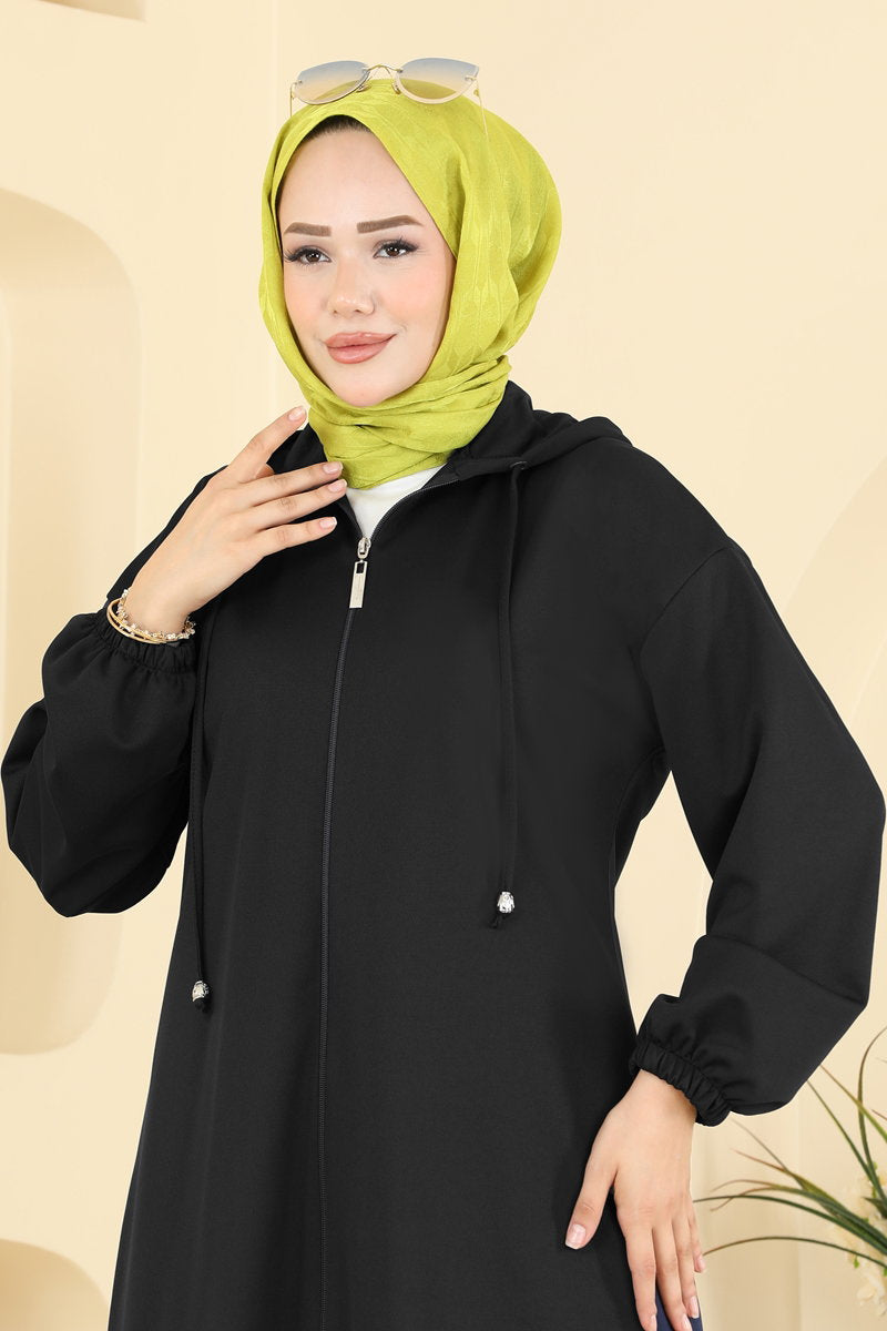 Hooded Crepe Knit Two-Piece Set with Zip - Black