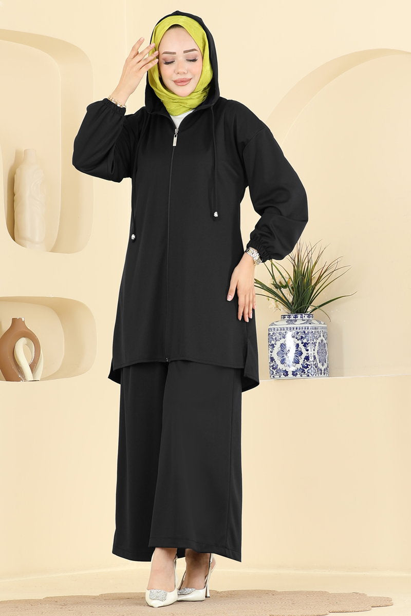 Hooded Crepe Knit Two-Piece Set with Zip - Black