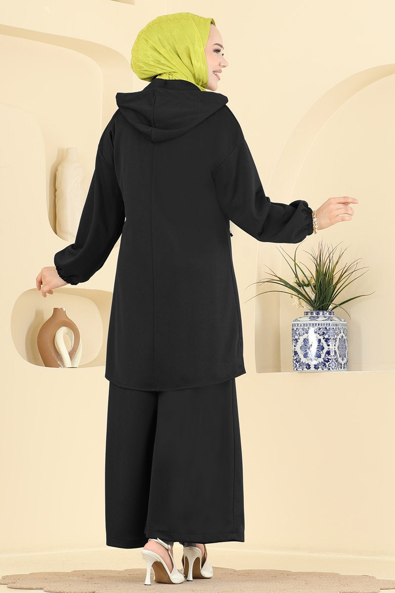 Hooded Crepe Knit Two-Piece Set with Zip - Black