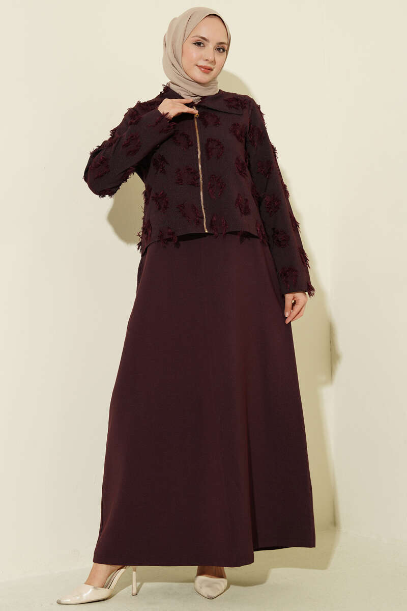 Tasselled Pinafore Set with Zip Detail - Burgundy