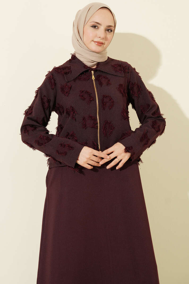 Tasselled Pinafore Set with Zip Detail - Burgundy