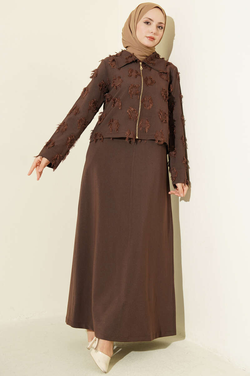 Tasselled Pinafore Set with Zip Detail - Brown