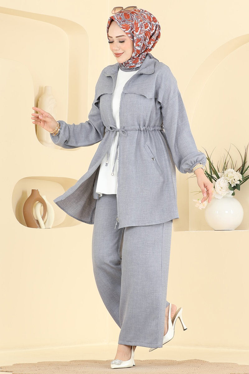 Linen Two-Piece Set with Zip Detail - Grey