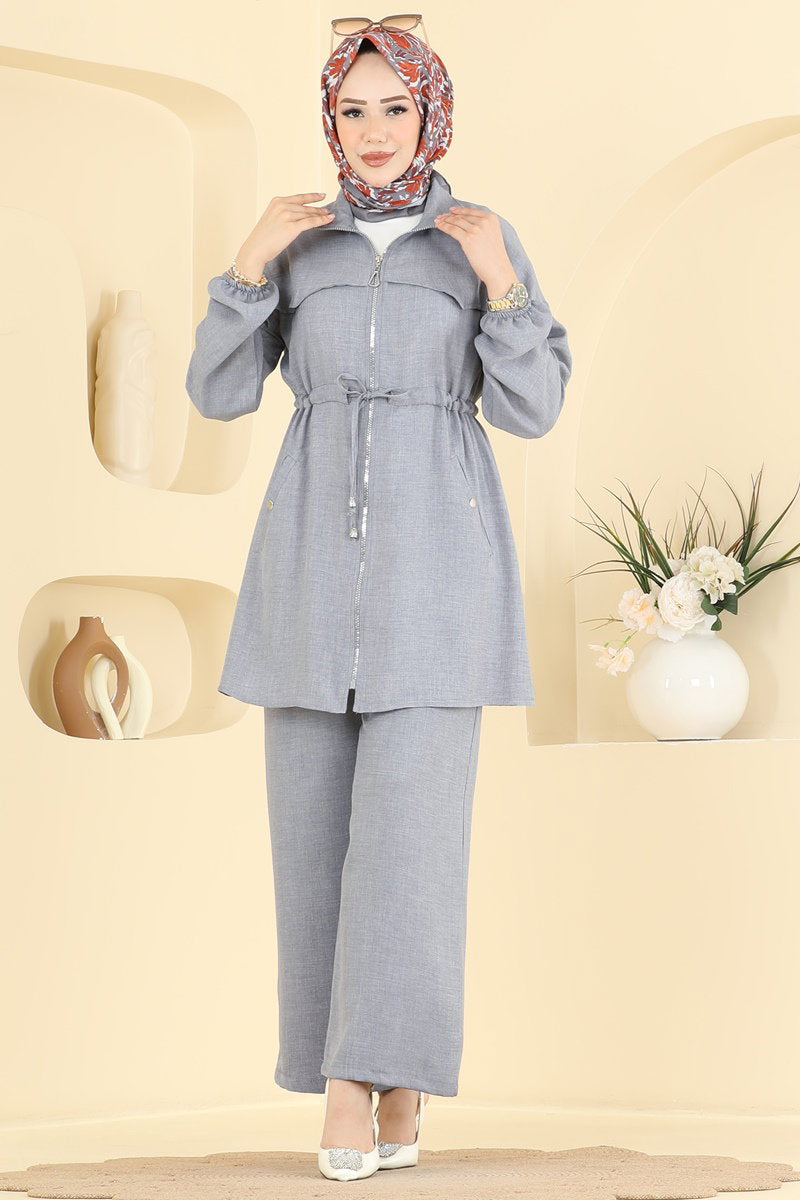 Linen Two-Piece Set with Zip Detail - Grey