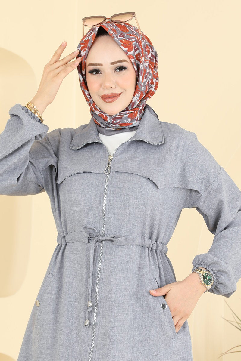 Linen Two-Piece Set with Zip Detail - Grey