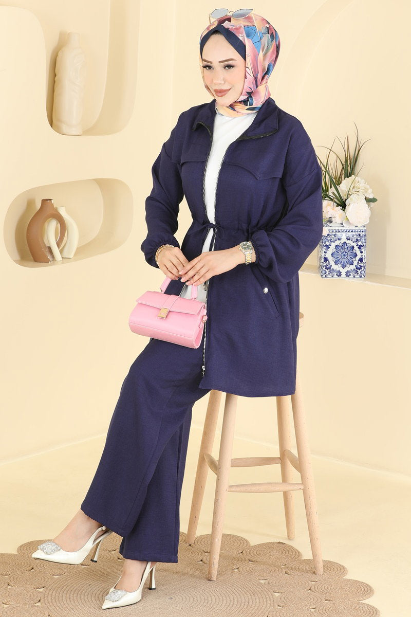 Linen Two-Piece Set with Zip Detail - Navy