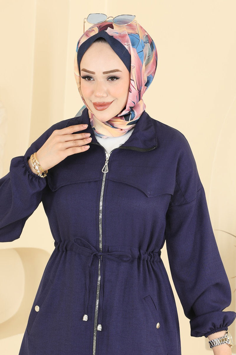 Linen Two-Piece Set with Zip Detail - Navy
