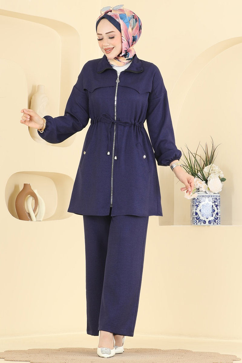 Linen Two-Piece Set with Zip Detail - Navy