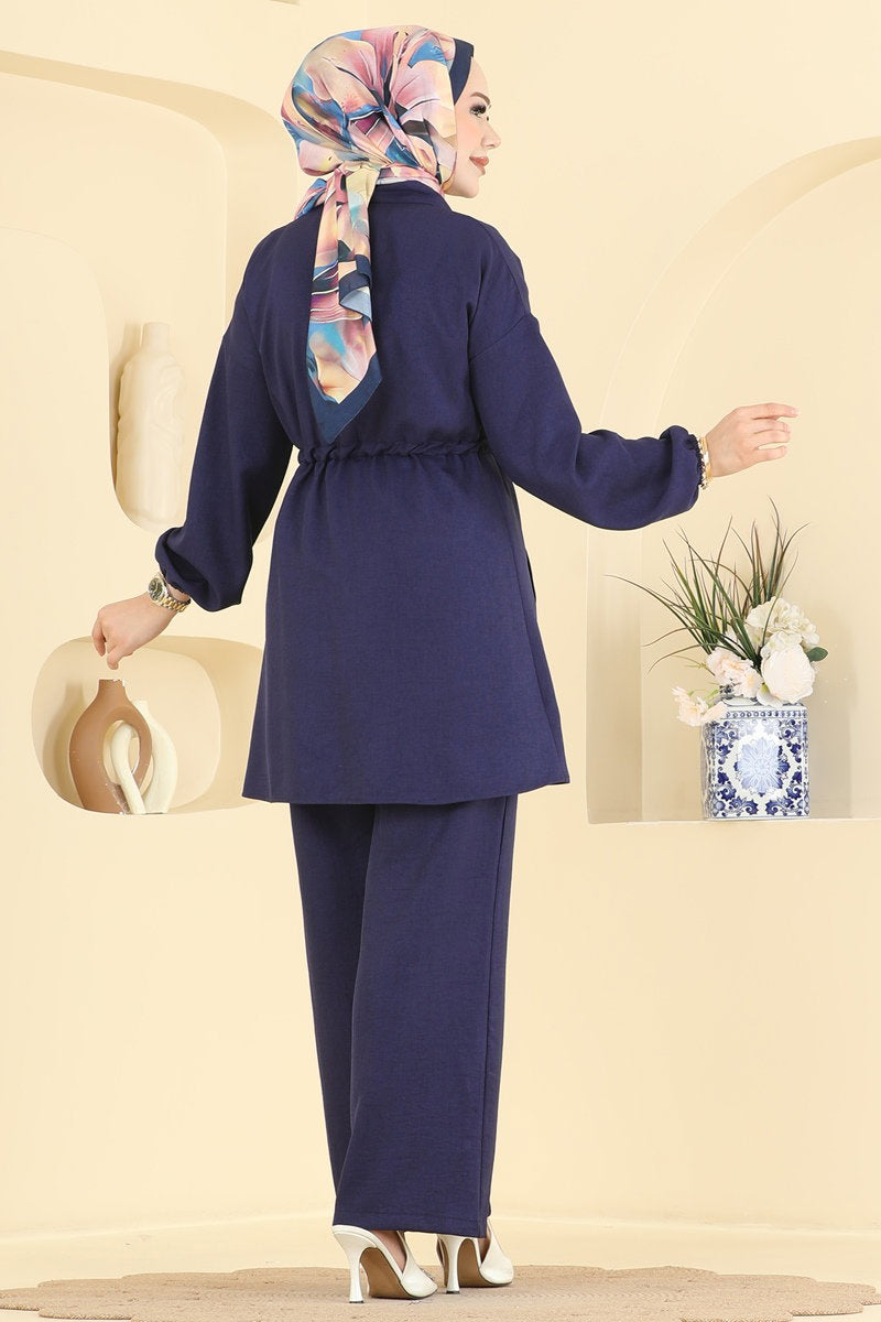 Linen Two-Piece Set with Zip Detail - Navy